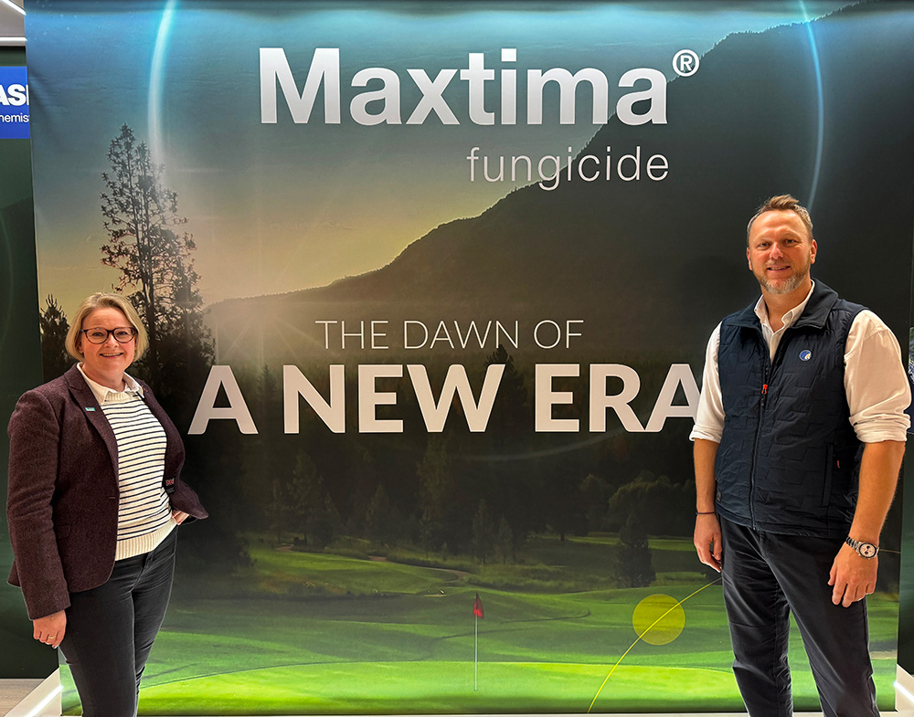 (L-R) Phillippa Overson, Key Account manager at BASF with John Marland, Head of Amenity at Agrovista Amenity following the launch of Maxtima® at BTME 2024.